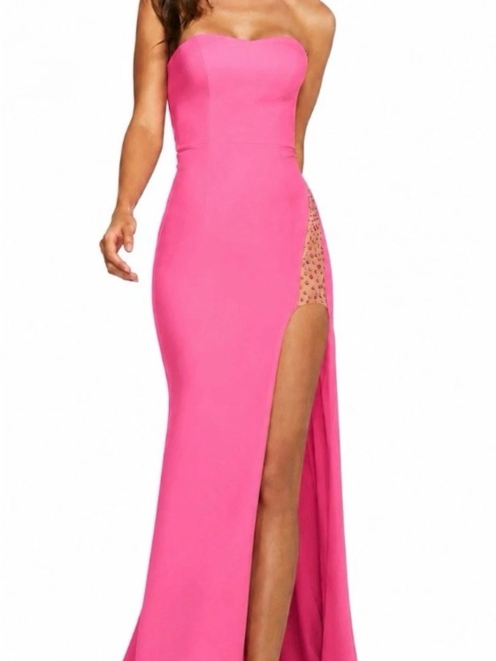 Sherri Hill Hot Pink Strapless Gown with Bejeweled Thigh Slit